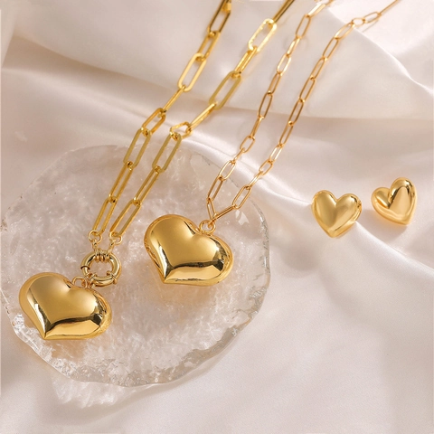 Joyas De Corazón Minimalistas Vintage Para Mujer Cobre Chapado En Oro Collar De Cadena De Clip Y Pendientes Acabado Liso