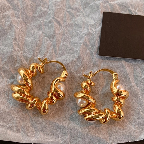 Pendientes De Aro En Forma De U Torsaditos Aleación Chapada En Oro Con Perla Artificial De Imitación Estilo Francés Retro Joyas Geométricas Para Mujeres
