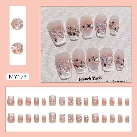 Uñas Postizas Mariposa Perla Artificial Diamantes De Imitación Degradado Cat Eye Estilo Francés Dulce Brillo Para Mujeres