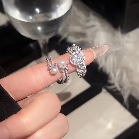 Anillo Elegante De Circonita Ovalada Perla Artificial Ajustable Joyería De Dedo Estilo Palacio De Lujo Para Mujer