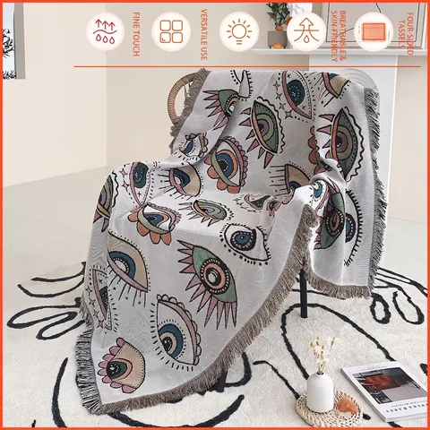 Bohemian Evil Eye Woven Cotton Blanket Sofa Throw Artistic Tapestry With Tassels Multi Functional Home Decor Camping