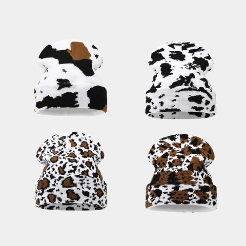 Leopard Cow Print Knit Beanie Hat Thick Warm Winter Acrylic Jacquard Folded Cuff Streetwear For Men Women