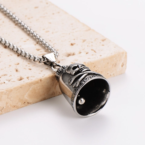Vintage Stainless Steel Skull Crossbones Bell Pendant Necklace Gothic Punk Style Novelty
