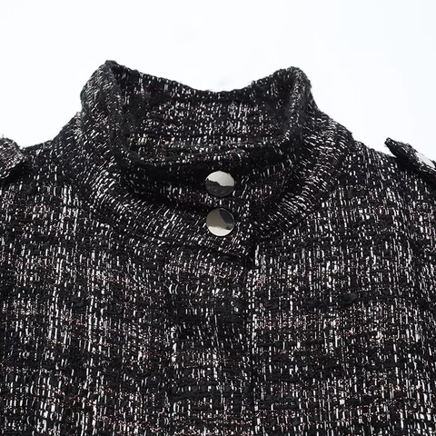 Dames Tweed Jas Geruit Metaaldraad Opstaande Kraag Drukknopen Britse Stijl Lange Mouwen Bovenkleding