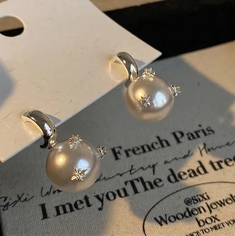 Artificial Pearl Stud Earrings With 925 Sterling Silver Earring Post Zircon Star Inlay Vintage C Shaped Jewelry For Women