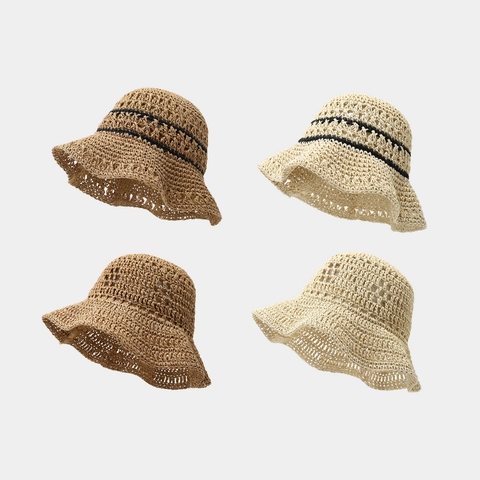 Sombrero De Paja Para Mujer Gorro De Pescador Ganchillo Hecho A Mano Transpirable Ala Ancha Plegable Playa Verano Protección Solar
