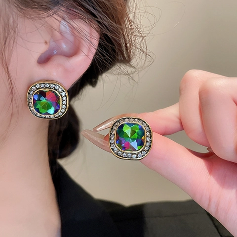 Retro Square Stud Earrings With Iridescent Colorful Gemstone Rhinestone Alloy And 925 Sterling Silver Earring Post For Women