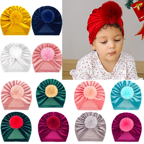 Velvet Baby Turban Hat With Large Pom Pom Soft Infant Toddler Beanie Warm Newborn Headwrap For Girls Boys Photography Accessory