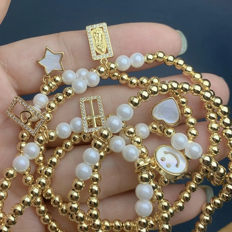 Copper Beaded Bracelet With Faux Artificial Pearl Shell Heart Cross Virgin Mary Star Smiley Charms Zircon Boho Elastic Stackable