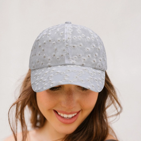 Women Lace Daisy Floral Embroidery Baseball Cap Breathable Mesh Sun Hat Outdoor Summer Casual Adjustable Fashion Accessory
