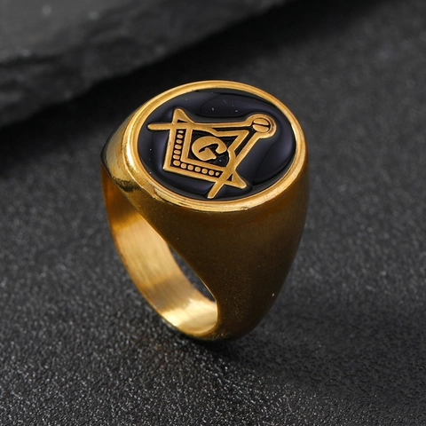 Vintage Stainless Steel Freemasonry Signet Ring For Men Gold Silver Plated Enamel Masonic G Symbol Hip Hop Jewelry Ring