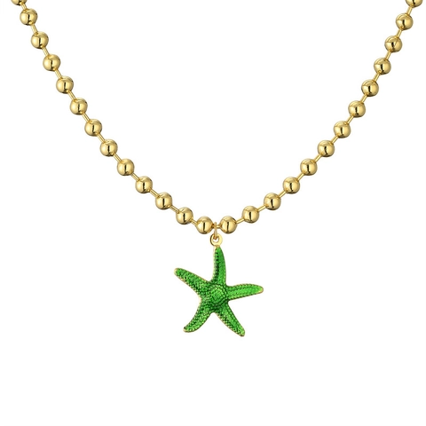 Starfish Pendant Necklace Copper Gold Plated Enamel Round Bead Chain Summer Beach Ocean Style Colorful Jewelry For Women