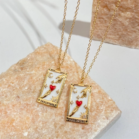 Tarotkarte The Lovers Anhänger Halskette Kupfer Vergoldet Emaille Rosa Herz Vintage Schmuck Für Damen