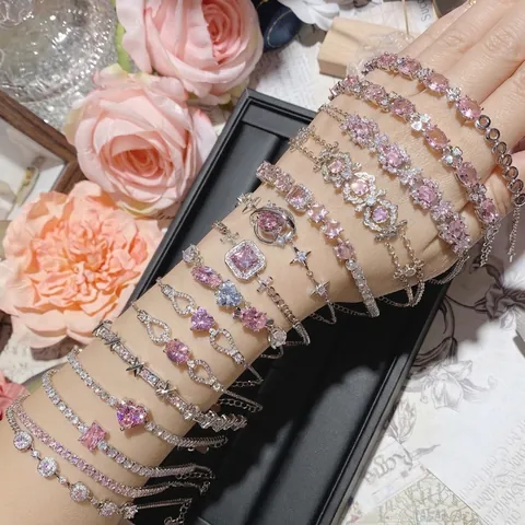 Luxury Copper Pink Zirconia Bracelet For Women Elegant Electroplated Camellia Heart Star Galaxy Romantic Adjustable Jewelry Gift