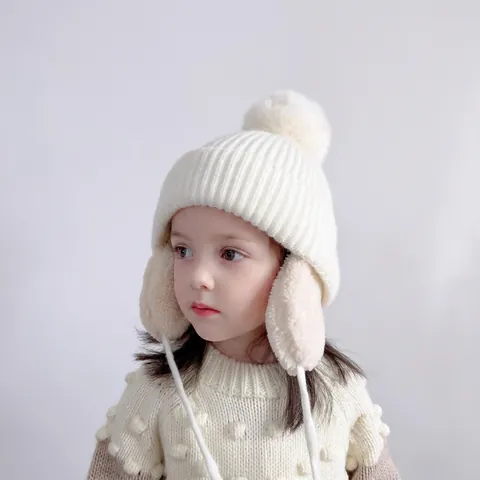 Kids Knitted Earflap Hat Winter Warm Fleece Lined With Pom Pom Windproof Beanie For Toddlers Boys Girls