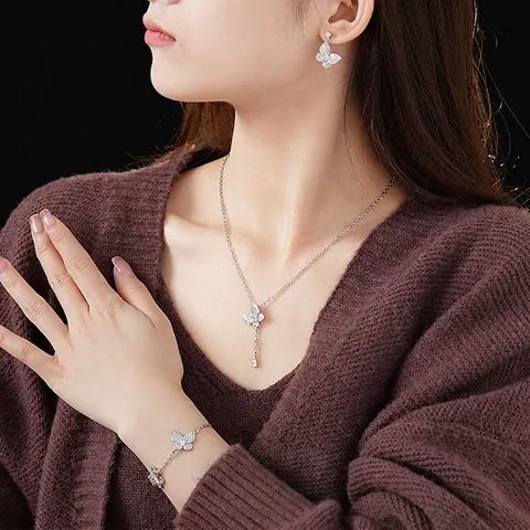 Butterfly Jewelry Including Necklace Bracelet Earrings With Zircon Inlaid Copper And Silver Earring Post For Women Elegant