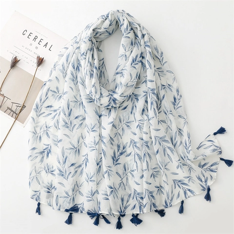 Blattmuster Schal Polyester Stola Dünn Leicht Floral Quasten Sonnenschutz Frischer Stil Eleganter Wickel Für Damen