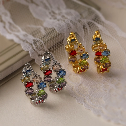 Fashion Colorful Rhinestone Geometric Hoop Earrings Copper Gold Silver Plated Niche Design Ear Jewelry For Women Daily Party