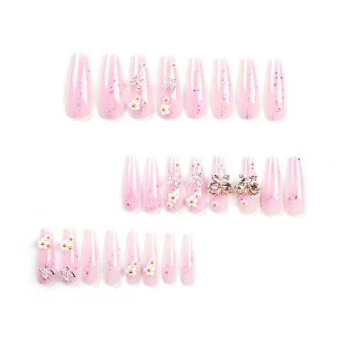 Lange Sargform Aufklebe Nägel Rosa Farbverlauf Mit 3D Blumen Rhinestone Schmetterling Glitzer Künstliche Fingernägel Für Damen