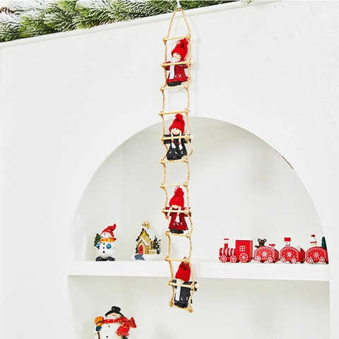 Christmas Gnome Climbing Ladder Hanging Ornament Santa Snowman Wood Hemp Rope Knit Dolls Nordic Festive Tree Home Decor