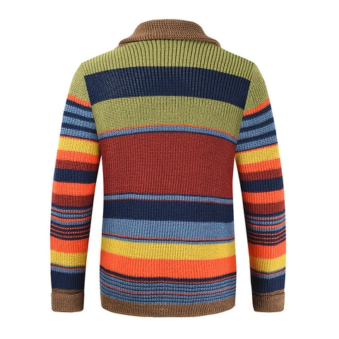 Men Rainbow Striped Knitted Cardigan Shawl Collar Thick Long Sleeve Button Down Polyester Cotton Sweater Top For Winter