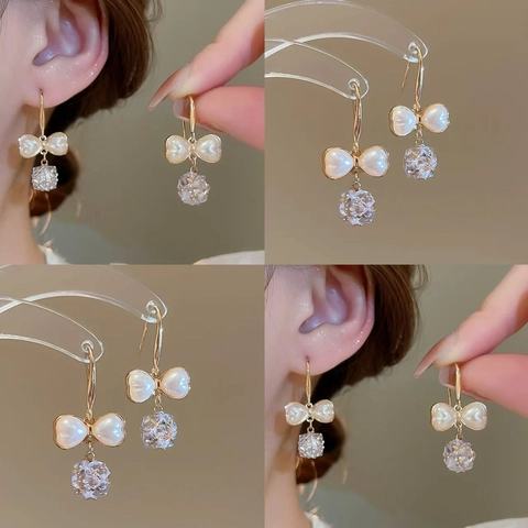 Pendientes Colgantes Con Lazo Y Corazón Con Imitación De Perla Artificial Circonita Cobre Y Poste De Plata De Ley 925 Para Mujer