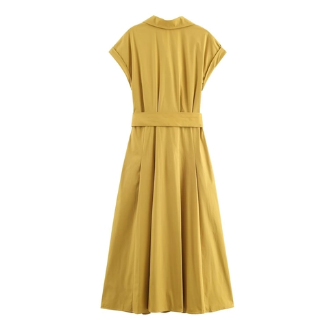 Poplin Midi Shirt Dress Short Sleeve Lapel Collar Chest Pockets Tie Waist Solid Color Elegant Casual Women Dress