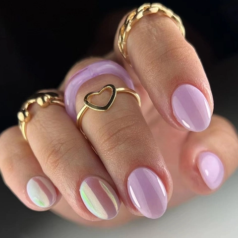 Press On Nagels Ovaal Taro Paars Aurora Goud Glanzend Kunstnagels Voor Vrouwen Manicure