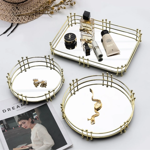 Metal Mirror Tray Decorative Jewelry Organizer Luxury Perfume Display Plate For Home Decor Desktop Minimalist