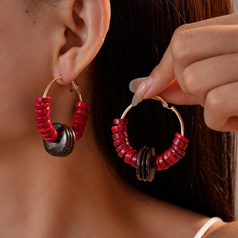 Bohemian Ethnic Coconut Shell Beaded Hoop Earrings With 925 Sterling Silver Earring Post Retro Geometric Red Brown