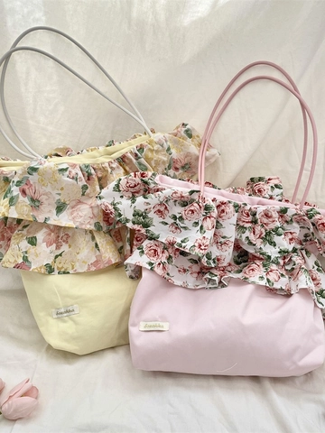 Women Shoulder Tote Bag Polyester Floral Rose Print Ruffle Edge Patchwork Large Capacity Retro Pastoral Handbag