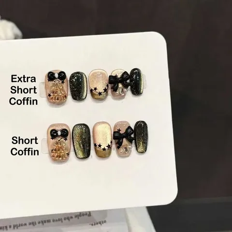 Press On Nails Black Cat Eye Gold Glitter With 3D Bow Knot Artificial Pearl Star Pattern Short Coffin Fake Nails For Women