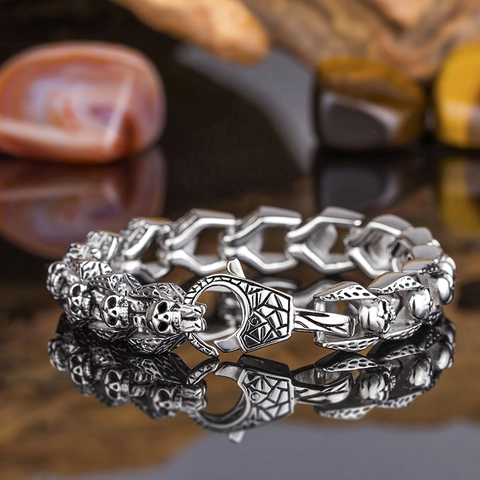 Pulsera De Calavera Para Hombre Acero Inoxidable 316L Punk Gótico Hip Hop Joyería Vintage Cadena De Eslabones Pesados