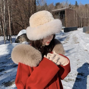 Women Winter Faux Fur Bucket Hat Warm Thickened Plush Fisherman Mongolian Style Outdoor Ear Protection Windproof Solid Color