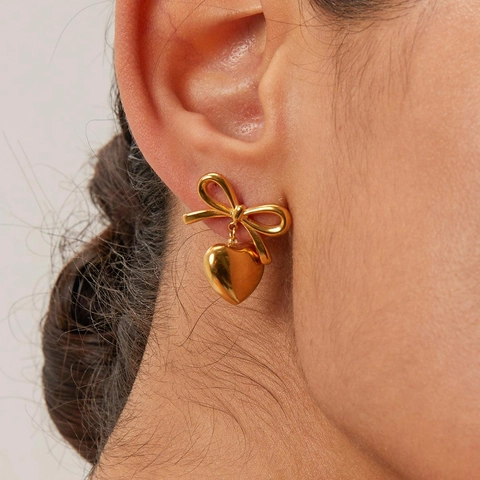 Bowknot Heart Drop Earrings Stainless Steel 18K Gold Plated Trendy Tassel Studs Elegant Jewelry For Women