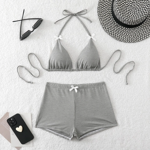Gingham Karierter Bikini Badeanzug Neckholder Top Und Hohe Taille Boy Shorts Bademode Mit Schleifen Dekor