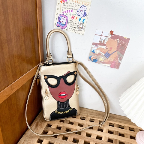 Cartoon Girl Print PU Leather Handbag For Women Niche Design Cute Pop Art Crossbody Phone Bag With Removable Strap
