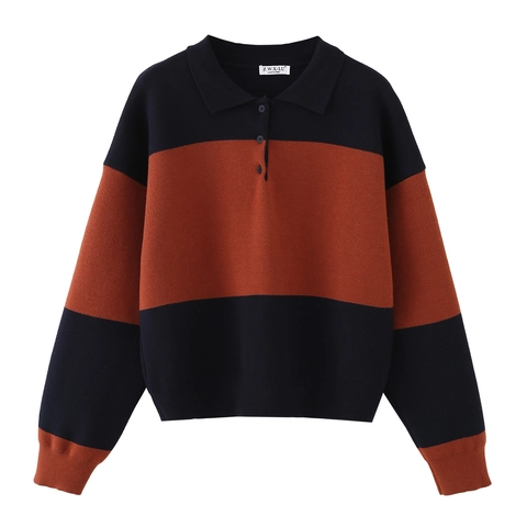 Maglione In Maglia Polo A Righe Da Donna Manica Lunga Color Block Casual Con Bottoni Top