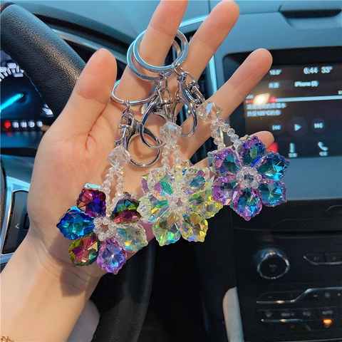 Porte-Clés Fleur en Cristal Pendentif de Sac Flocon de Neige Étincelant Anneau de Clé de Voiture pour Femme Bijoux