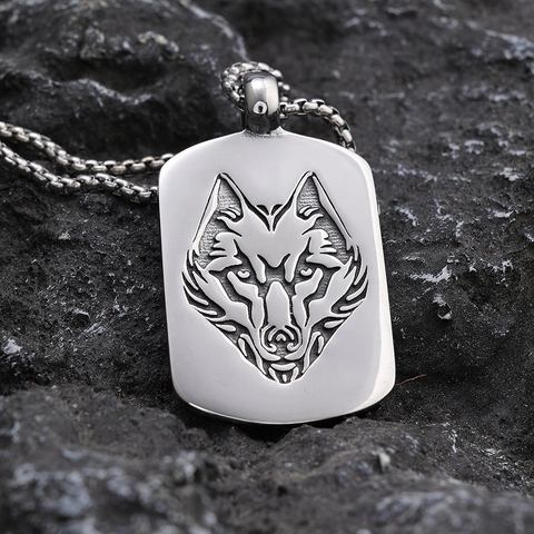 Collier Pendentif Tête De Loup Viking Acier Inoxydable Poli Plaque Militaire Rectangulaire Style Nordique Rétro Bijoux Unisexe