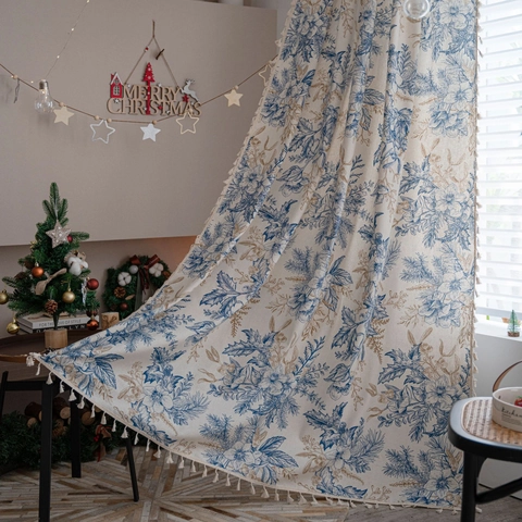 Christmas Printed Cotton Linen Curtain Panel Semi Blackout Tassel Edges For Kitchen Bedroom Cafe Window Vintage Home Decor