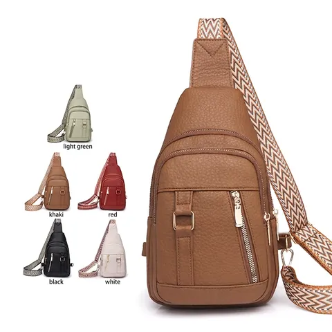 Sac Poitrine Femme Cuir PU Texture Litchi Poches Zippées Multiples Large Bandoulière Tissée Géométrique Trou Écouteurs