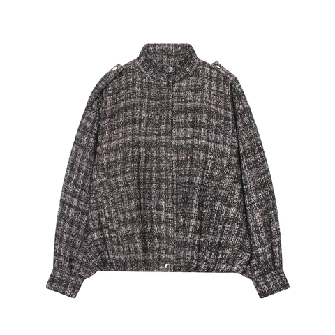 Women Tweed Bomber Jacket Metallic Thread Woven Stand Collar Zipper Long Sleeve Elegant Mixed Color Outerwear