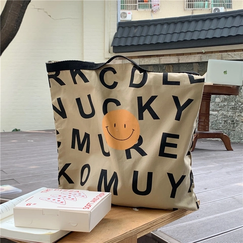 Canvas Tote Bag Smiley Gezicht Letters Print Grote Capaciteit Schouder Handtas Casual Mode Dames