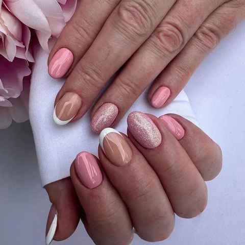Press On Nails Short Oval Shape Artificial Fake Fingernails Solid Pink Glitter White French Tip Elegant Sweet Girls Ladies
