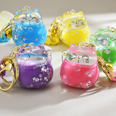Niedlicher Glückskatze Treibsand Schlüsselanhänger Acryl Flüssigkeit Glitzer Schlüsselring Mit Glocke Und Silikonband