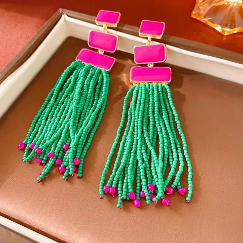 Bohemian Long Tassel Earrings With Silver Earring Post Alloy Enamel Green Seed Bead Pink Geometric Dangle Drop For Women