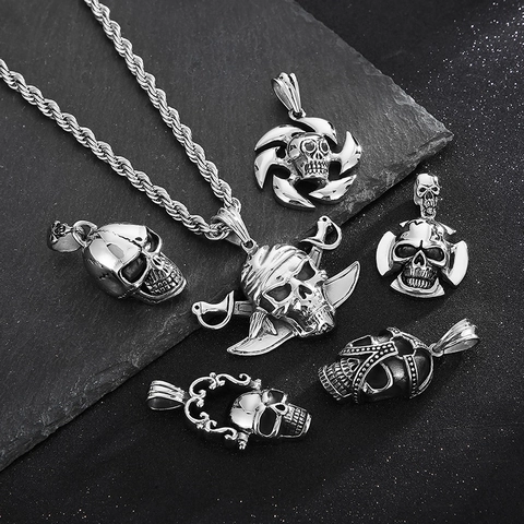 Pendentif Crâne Gothique Acier Inoxydable Pirate Viking Tête De Mort Rétro Punk Hip Hop Bijoux Homme
