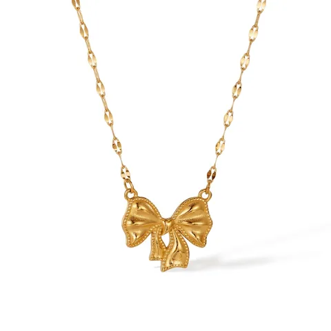 Collana Con Pendente A Fiocco Acciaio Inossidabile Elegante Stile Ins Nastro Texturizzato Catena Claviccola Per Donna