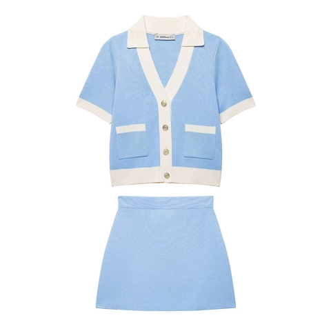Mujer Punto Manga Corta Botones Cárdigan Y Falda Línea A Mini Retro Color Contraste Casual Ropa Diaria Top Parte Inferior